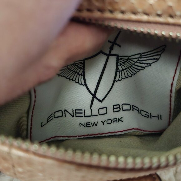 Leonello Borghi NY Beige Snakeskin Clutch – Gold Hardware, Winged Logo - Picture 4 of 4